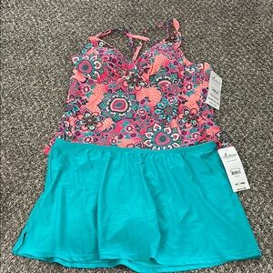 Colorful Floral Tankini Top and Blue Skirt Set